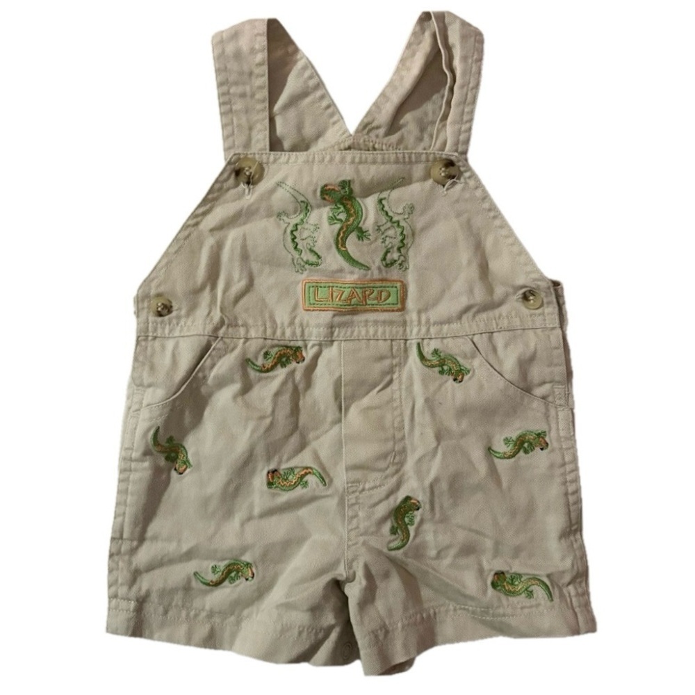 Vintage Kids Baby Khaki Lizard Embroidered Overalls Size 3/6M